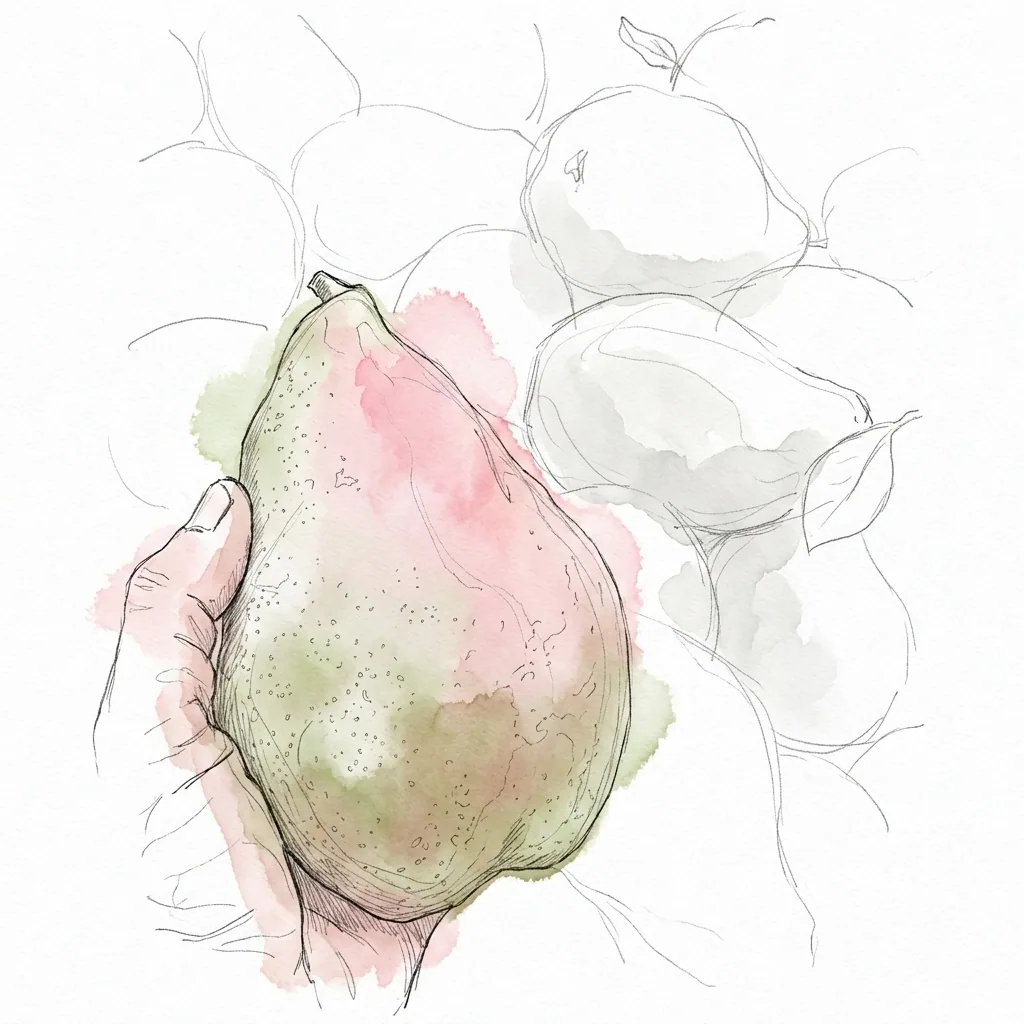 Eine Hand hält eine große grün-rosa Calenberger Herbstbirne