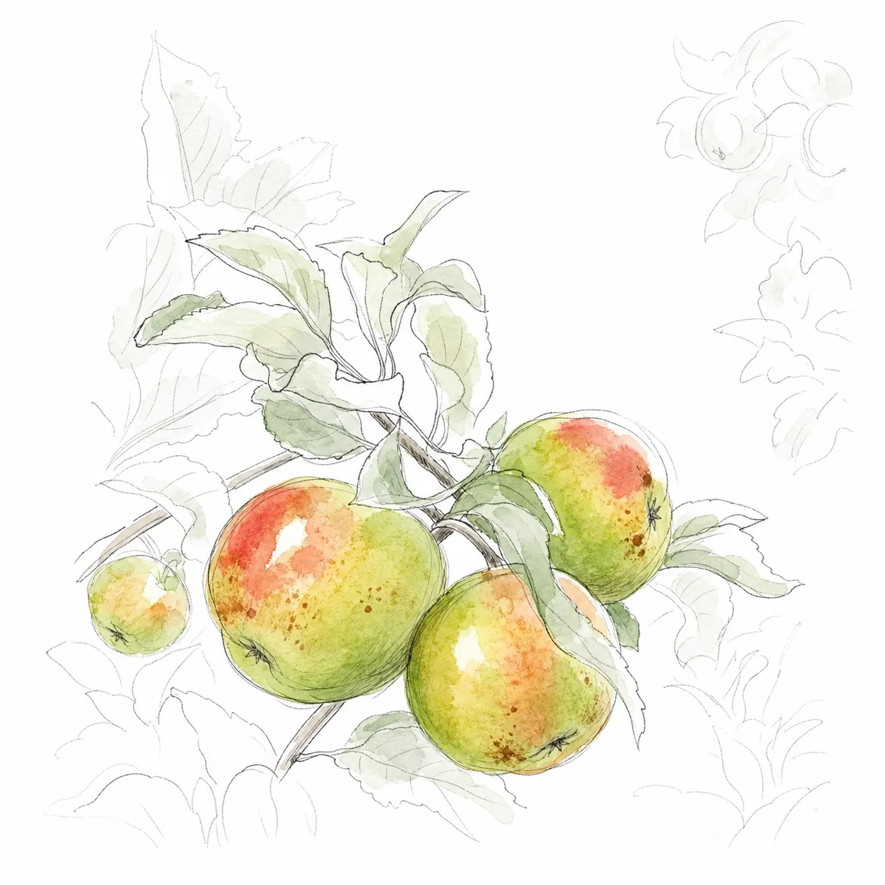 Lockere Illustration rot-gelber Äpfel an einem belaubten Zweig